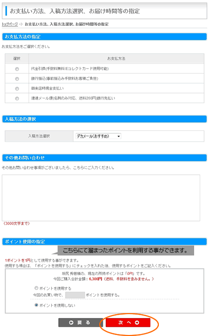 お支払方法、データの入稿方法などを選択